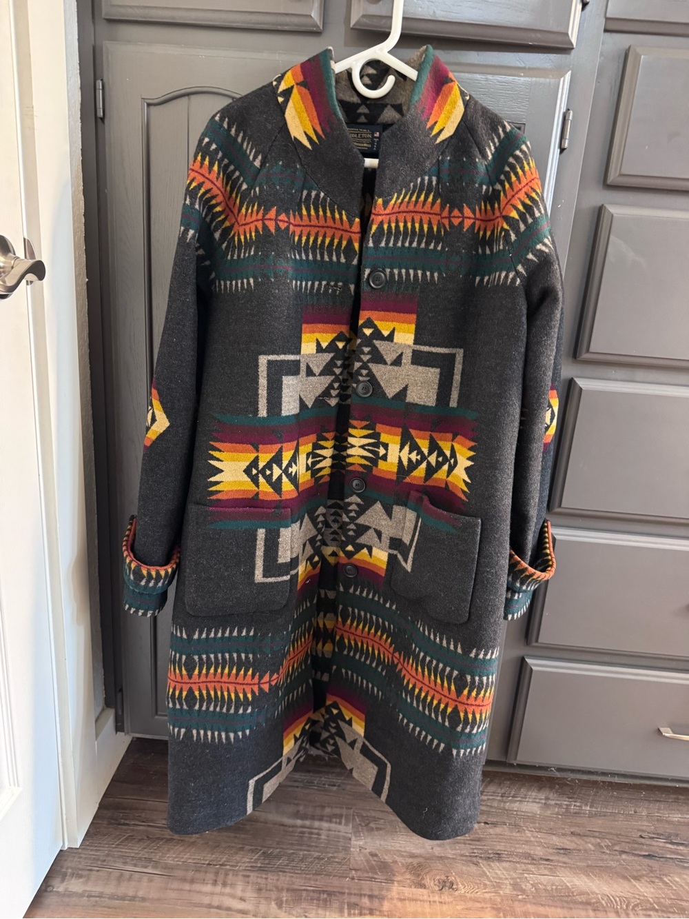 Pendleton Charcoal Gray Wool Coat with Multicolor Southwestern Pattern